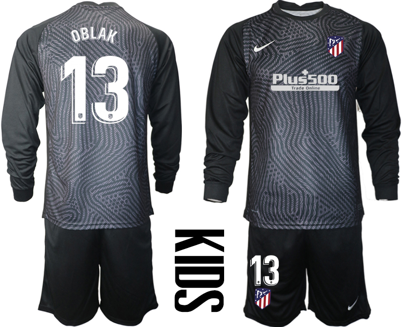 2021 Atletico Madrid black youth long sleeve goalkeeper #13 soccer jerseys